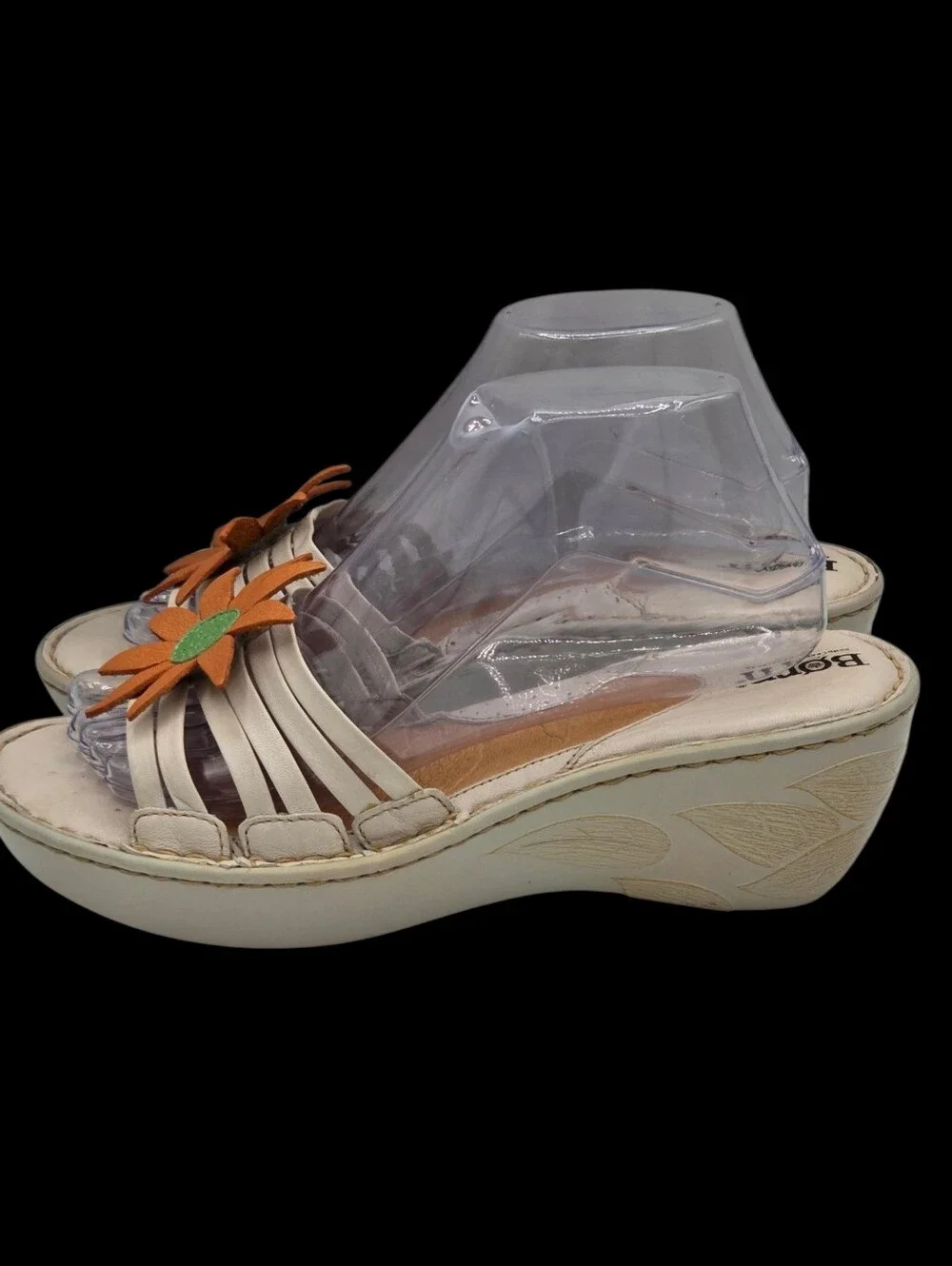 Y2k Born Sandals Cream Leather Wedge Orange Green Flower Applique Whimsical  7.5